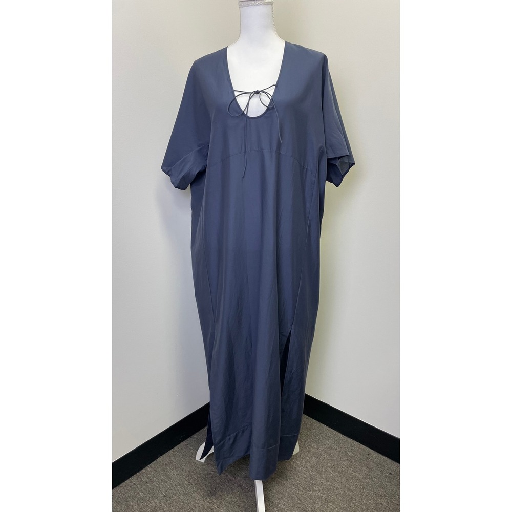 COS One Size Long Tunic Dress Kaftan Cover Up Cotton Silk Blue Airy Resort Luxe